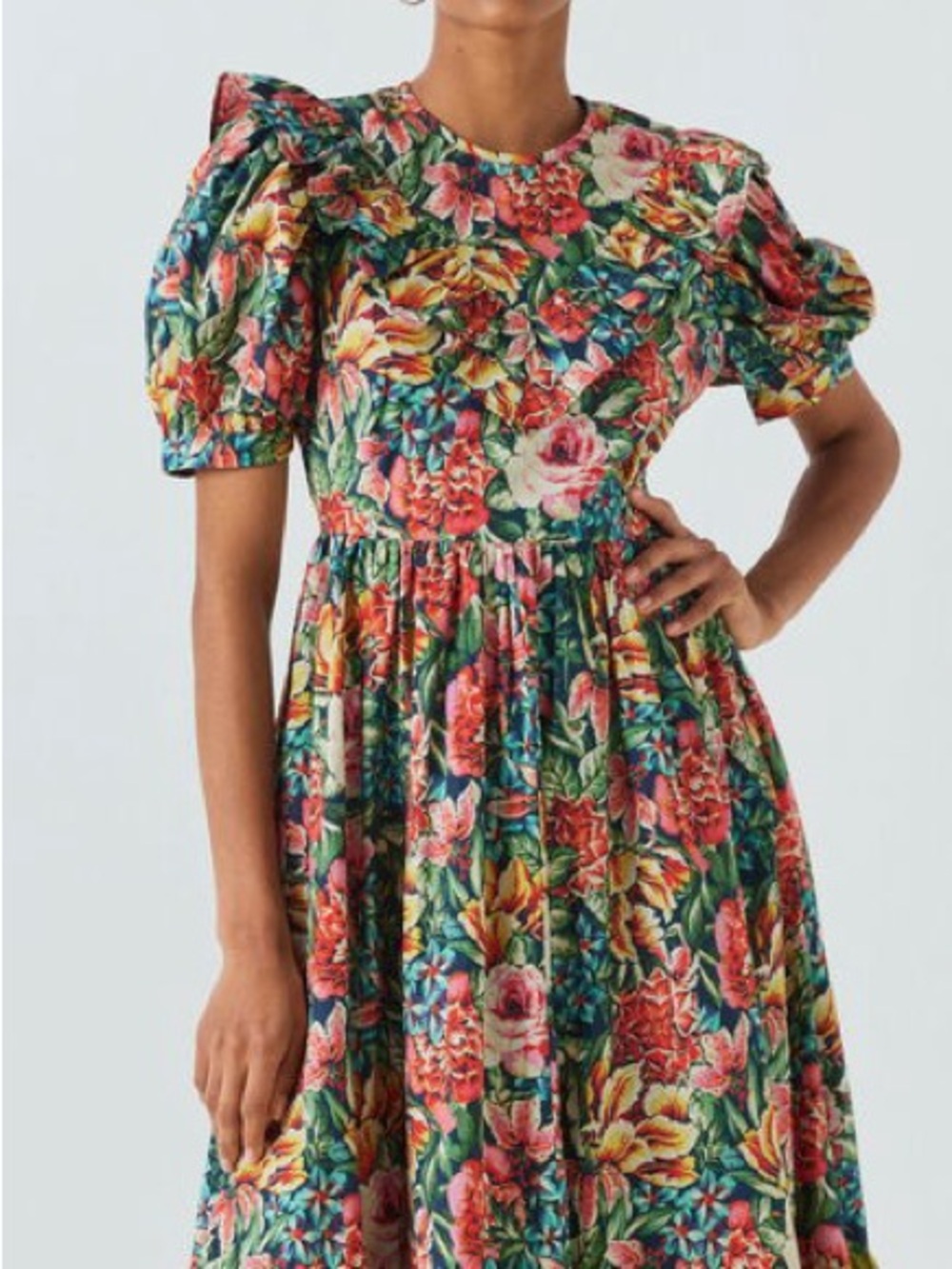 Batsheva Floral Puff-Sleeve Midi May Dress in Green and Coral cotton - Picture 2 of 6